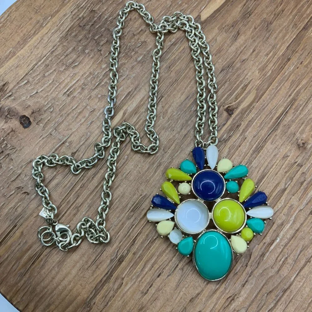 Banana Republic Jewel Tone Green Blue White Cabochons Gold Tone Necklace
